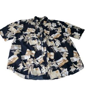 Royal Palm Black Large Aloha Hawaiian Shirt Pocket Flowers Leaves 100% Cotton